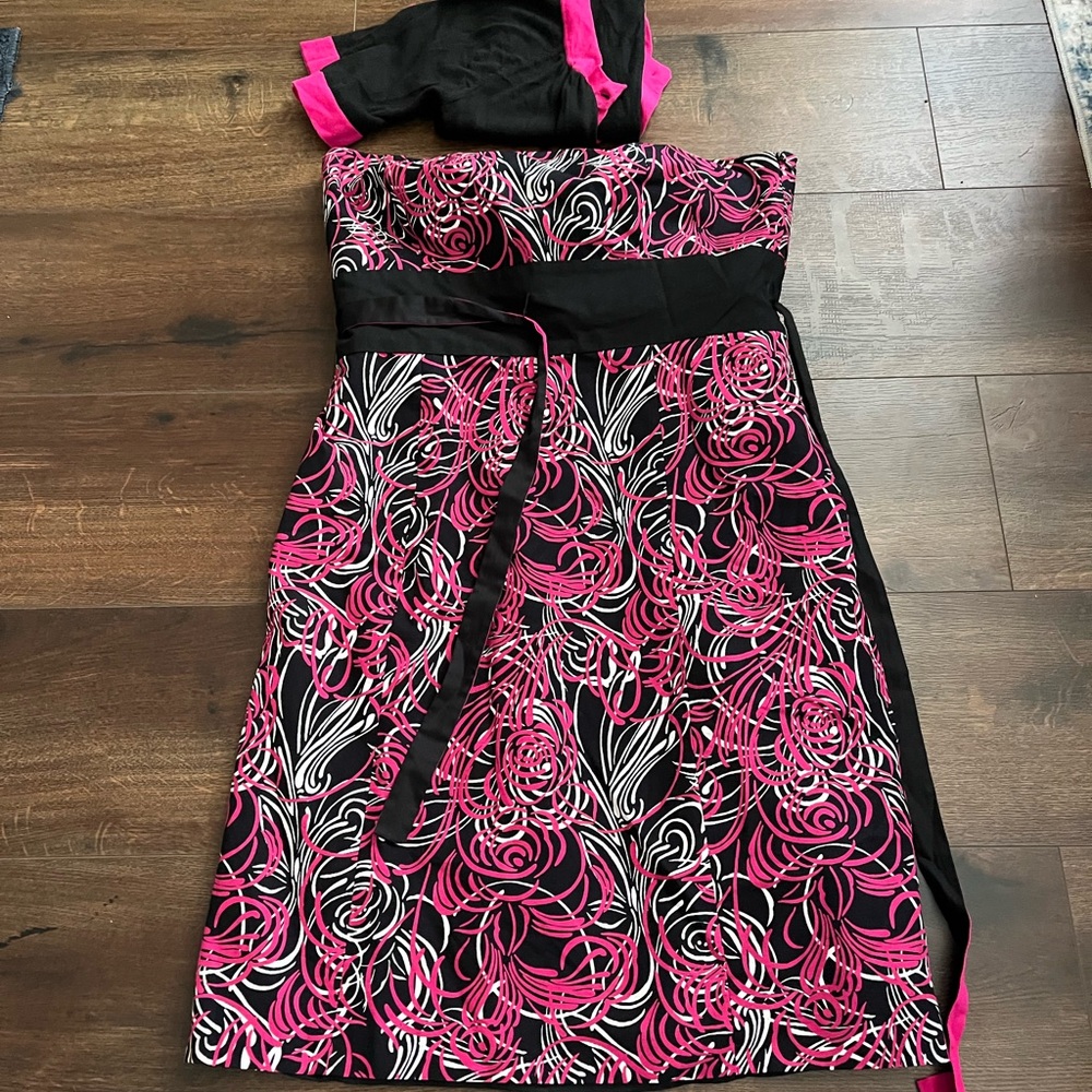 LOFT Strapless Dress with Pink and Black Floral Design